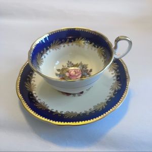 Vintage Aynsley Bone China Teacup & Saucer Blue Cobalt Floral Signed JA BAILEY.